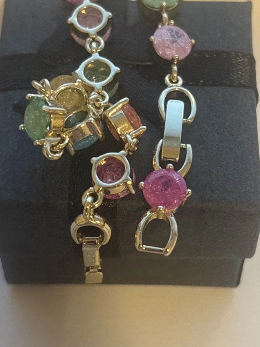 Gold Plated Rainbow Druzy Style Bracelet Colorful Gemstone Link Bracelet - Picture 8 of 10